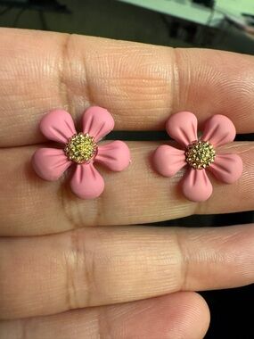 Pink Flower Stud Earrings with Gold Centers